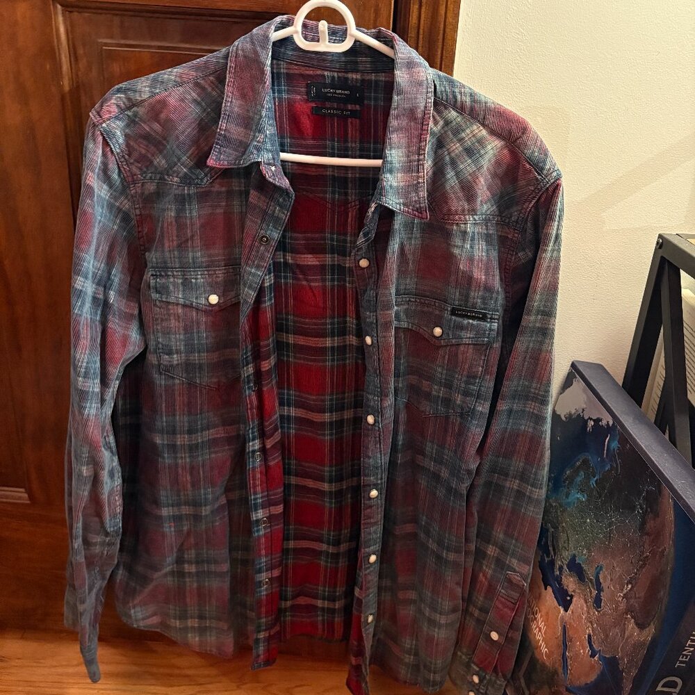 Lucky Brand Red Blue Plaid Western Shirt | Snap Button Flannel